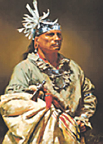 Image courtesy of Paramount Press and Robert Griffing In this painting (inset) by Robert Griffing, Chief Cornplanter holds a tomahawk pipe similar to the one to be sold at auction Saturday through Selkirk Auctioneers and Appraisers of St. Louis.